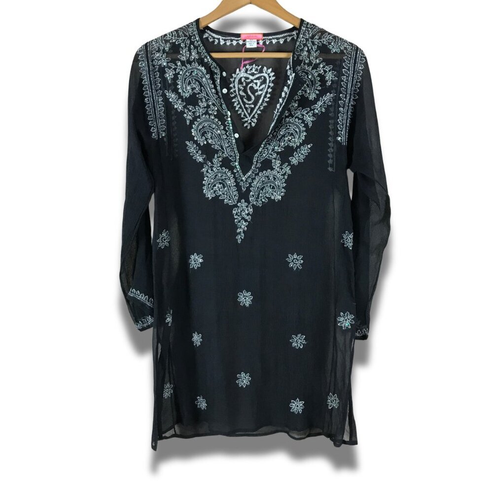 GLAM 100% Silk Black Embroidered Kaftan Sheer Tunic S/M